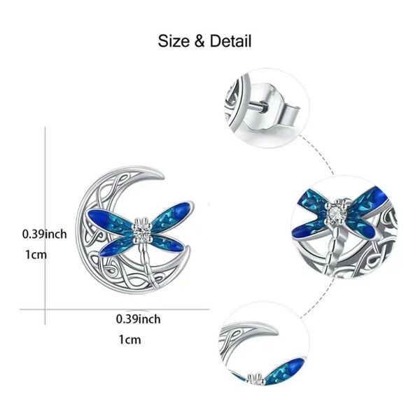 Exquisite Blue Winged Dragonfly & Moon Stud Earrings - Picture 4 of 4